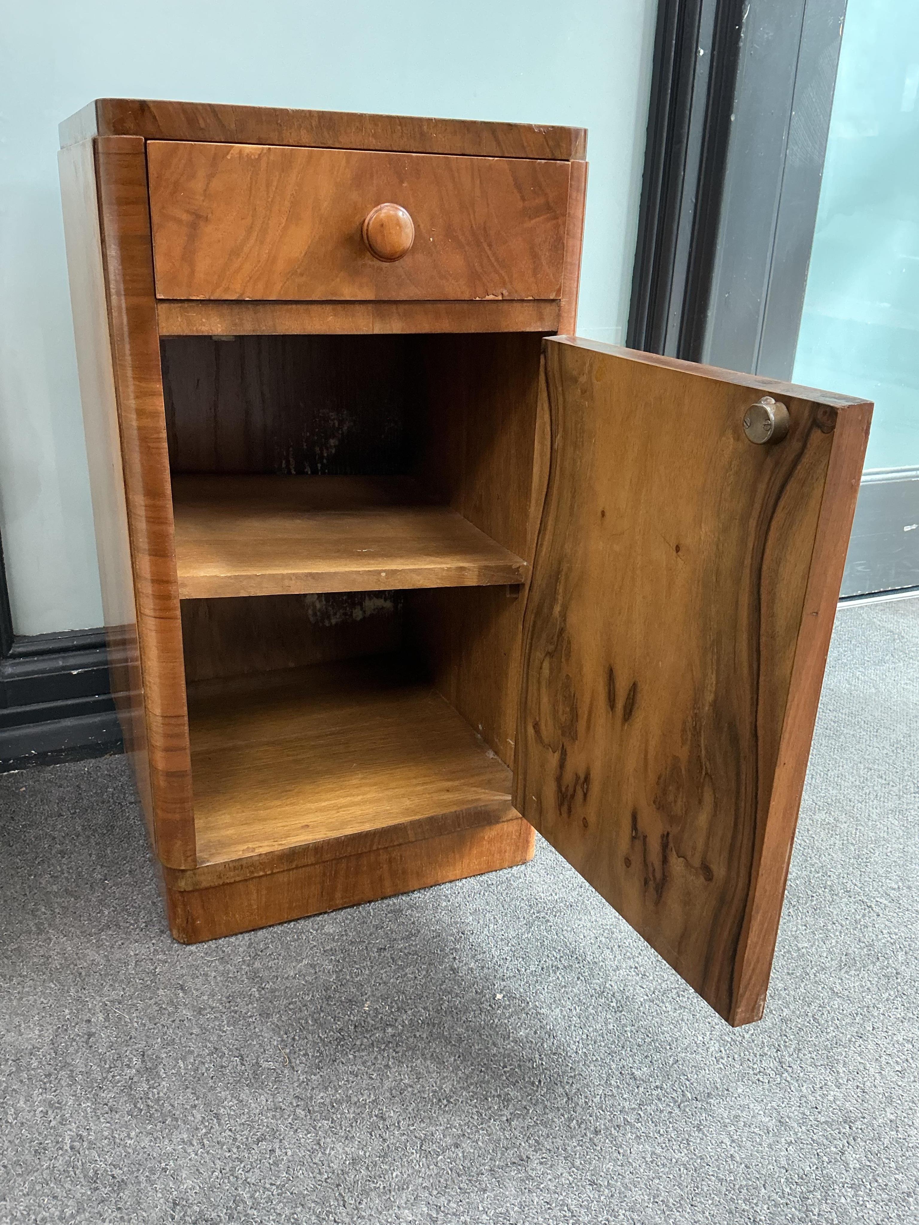 A pair of Art Deco walnut bedside cabinets width 33cm, depth 33cm, height 60cm